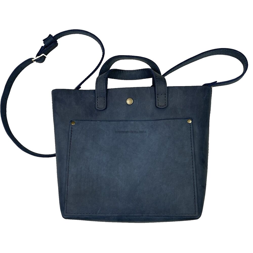 Portland Leather Goods Mini Crossbody Tote Deep Water Navy Leather Snap Purse